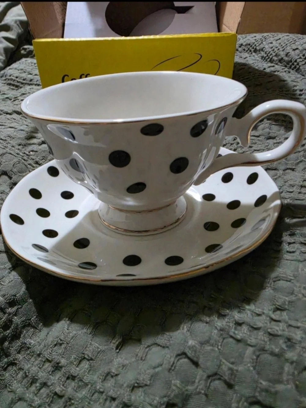 Set Of 4 Polka Dot Porcelain Tea Cup and Saucer - White with Black Dots